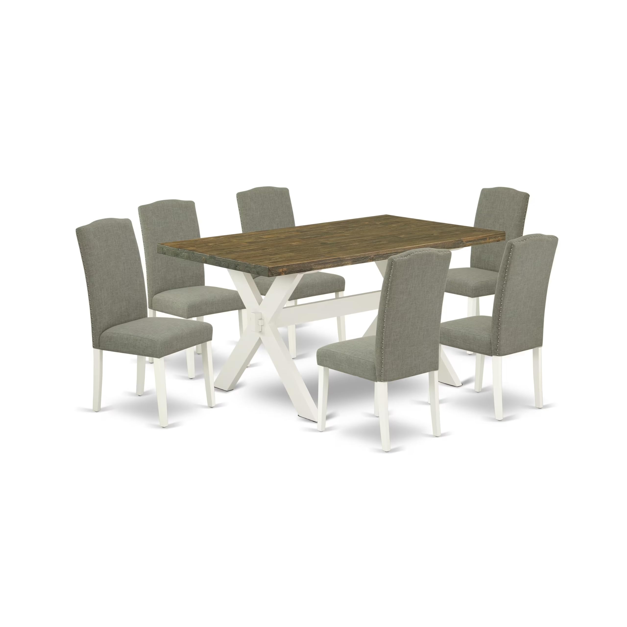 East West Furniture X076En206-7 7 Piece Modern Dining Table Set Consist Of A Rectangle Wooden Table With X-Legs And 6 Dark Shitake Linen Fabric Parson Chairs, 36X60 Inch, Multi-Color